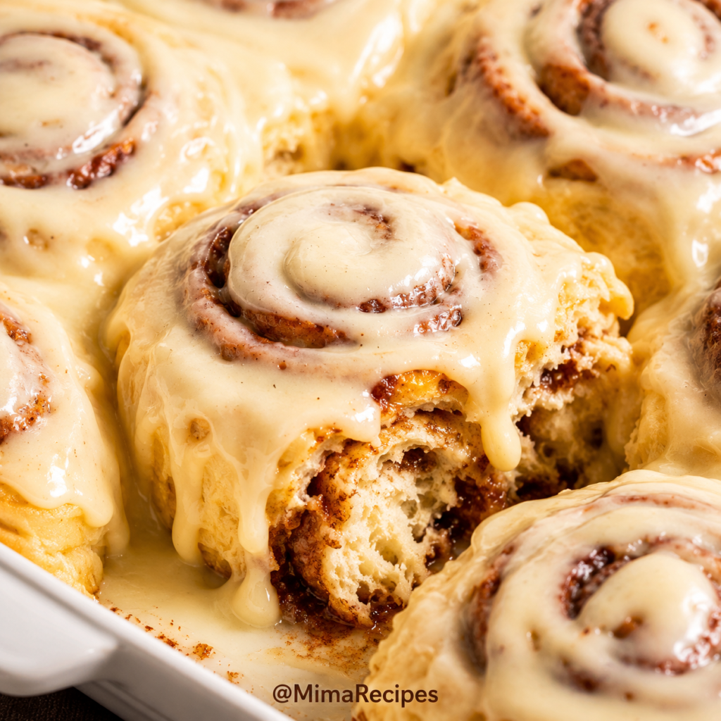 Freshly baked Eggnog Cinnamon Rolls topped with creamy eggnog cream cheese frosting in a white baking dish.