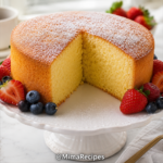 Ultra-realistic homemade sponge cake on a white ceramic cake stand with one slice removed, showing a soft and airy crumb, dusted with powdered sugar and garnished with fresh strawberries and blueberries.