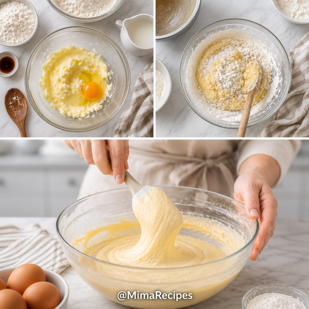 Step-by-step collage showing how to make homemade sponge cake batter by creaming butter and sugar, adding eggs and flour, and gently folding the batter with a silicone spatula in a large mixing bowl.