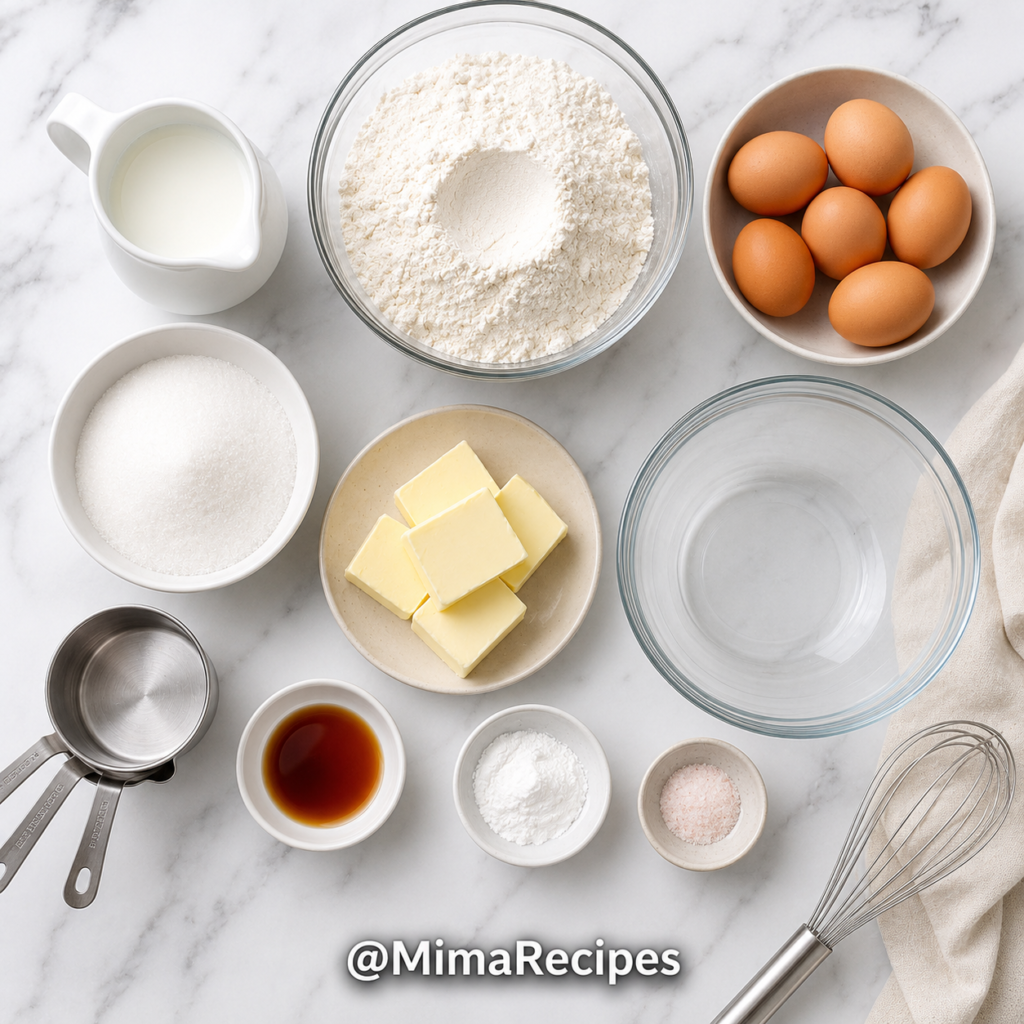 Flat lay of cake flour, eggs, sugar, butter, milk, vanilla extract, baking powder, salt, measuring cups, and mixing bowls arranged on a white marble countertop for making homemade sponge cake.