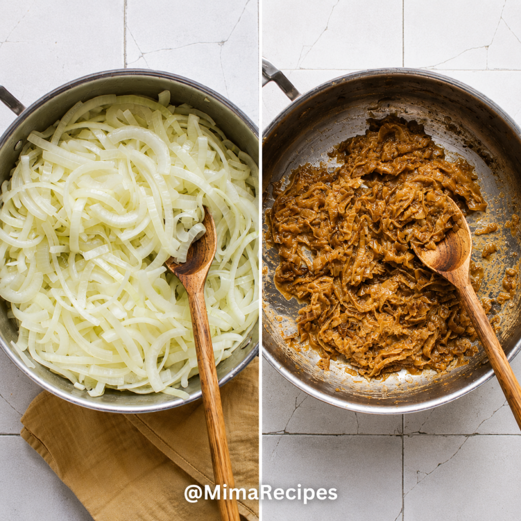 Step-by-step caramelized onions showing sliced onions before cooking and rich golden brown caramelized onions after slow cooking.