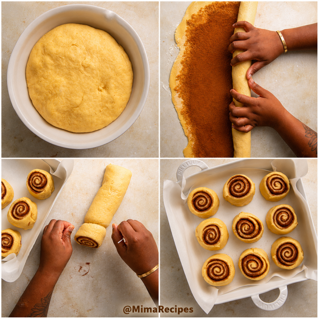 Step-by-step process of making homemade Eggnog Cinnamon Rolls from dough to sliced rolls before baking.