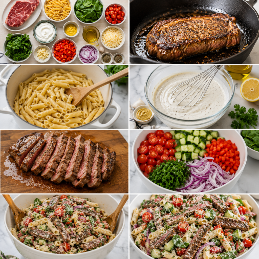 Step-by-step collage showing how to make high-protein steak pasta salad with sirloin steak, protein pasta, fresh vegetables, creamy Greek yogurt dressing, and the finished salad in a white serving bowl.