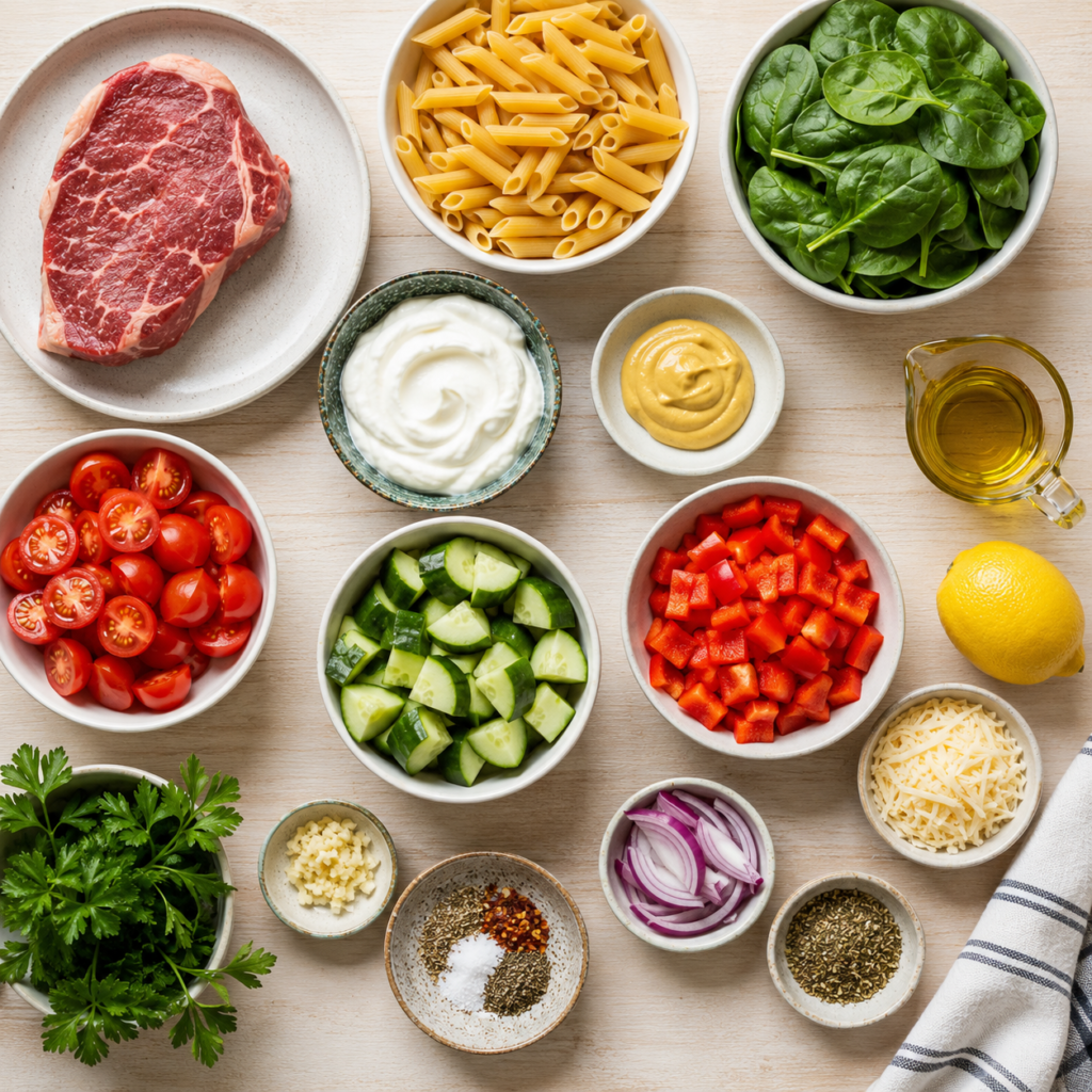 The flat lay neatly showcases all the fresh ingredients for a high-protein steak pasta salad on a light wooden surface with bright, natural light and a clean editorial look.