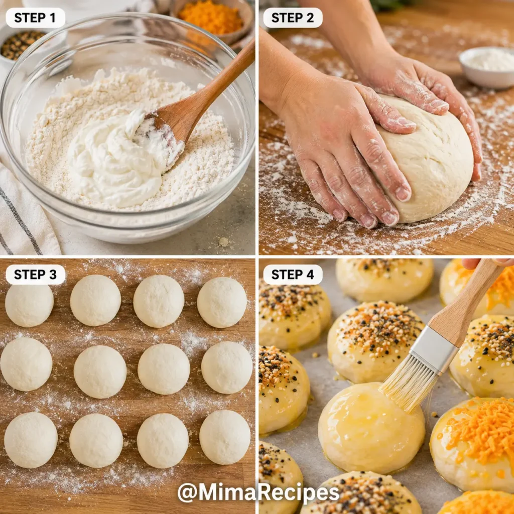 Four-step collage showing how to make 2 Ingredient Bagel Bites by mixing self-rising flour and Greek yogurt, kneading the dough, shaping bagel bites, and brushing them with egg wash before baking.