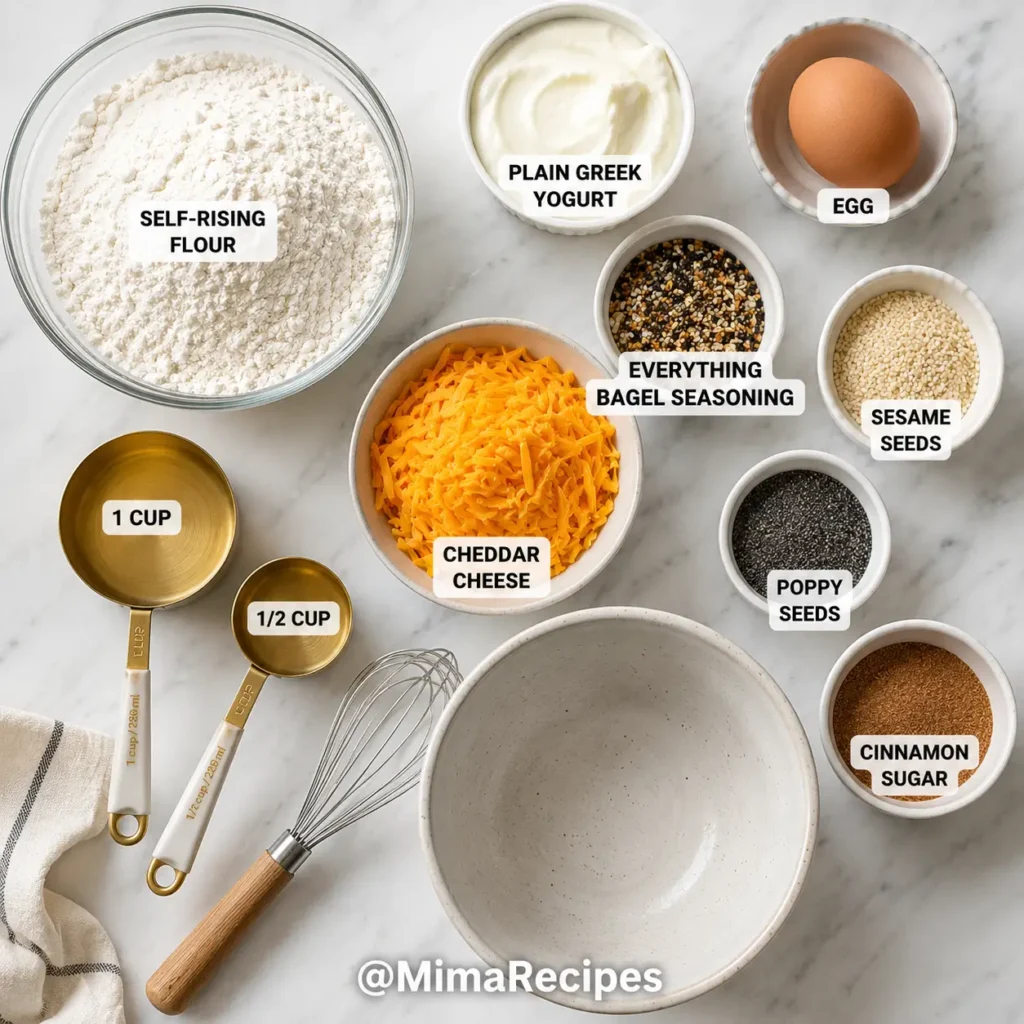 Flat lay of self-rising flour, plain Greek yogurt, egg, everything bagel seasoning, sesame seeds, poppy seeds, shredded cheddar cheese, cinnamon sugar, measuring cups, whisk, and mixing bowl arranged on a white marble countertop.