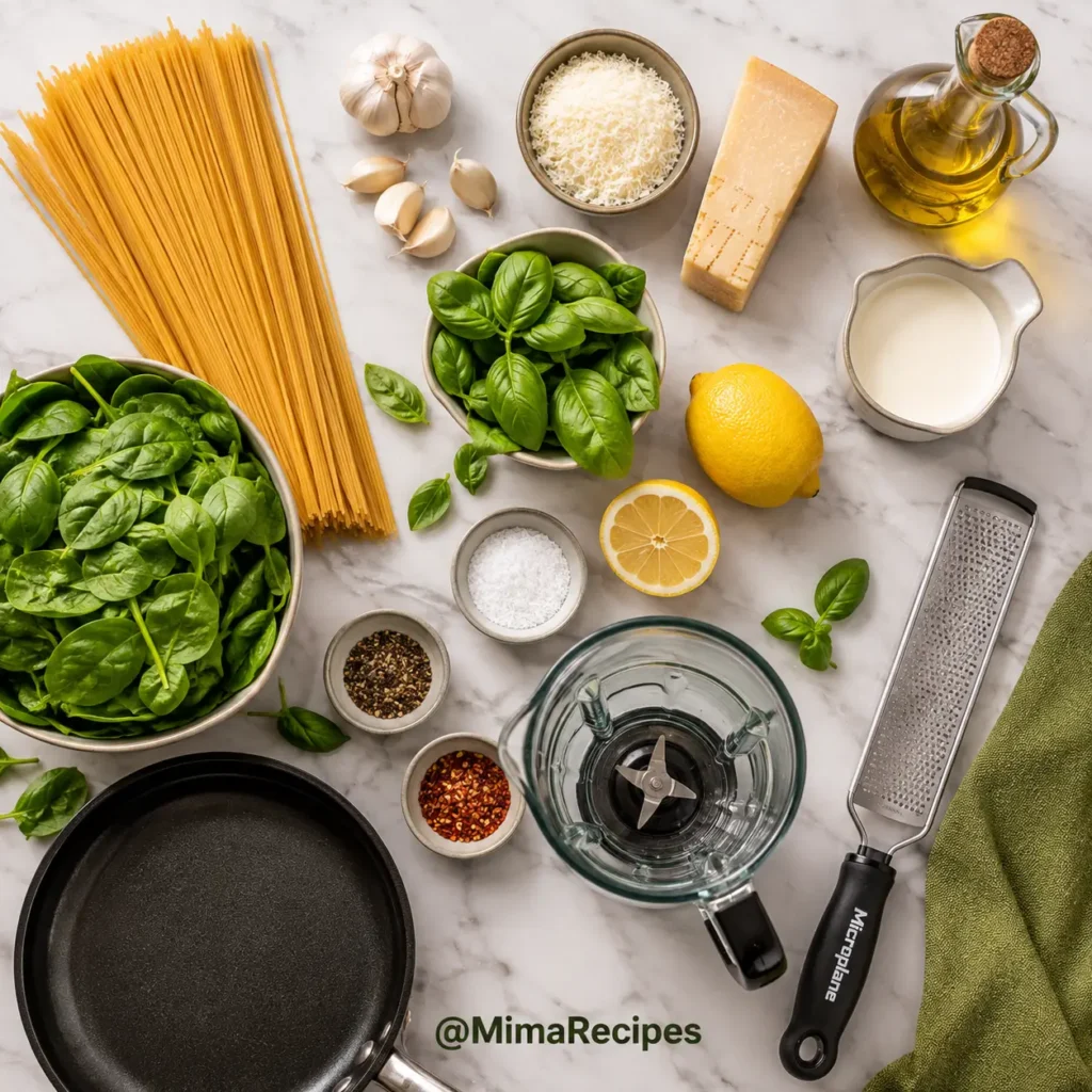 Green Spaghetti Pasta ingredients with spaghetti, fresh spinach, basil, garlic, Parmesan, lemon, cream, and olive oil.