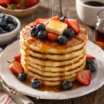 Stack of fluffy cottage cheese pancakes topped with fresh blueberries, sliced strawberries, melting butter, and warm maple syrup on a white ceramic plate.