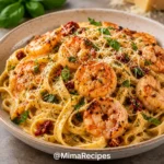 Close-up of creamy garlic shrimp pasta made with fettuccine, juicy pan-seared shrimp, Parmesan cream sauce, sun-dried tomatoes, fresh basil, and grated Parmesan in a ceramic bowl.
