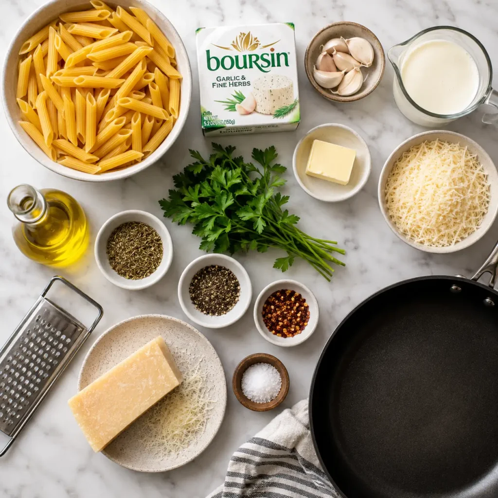 Boursin Cheese Pasta ingredients including penne, Boursin garlic herb cheese, garlic, Parmesan, cream, butter, parsley, and seasonings.