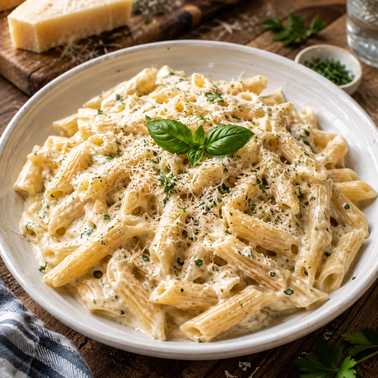 Creamy Boursin Cheese Pasta with garlic herb sauce, Parmesan cheese, fresh parsley, and cracked black pepper.