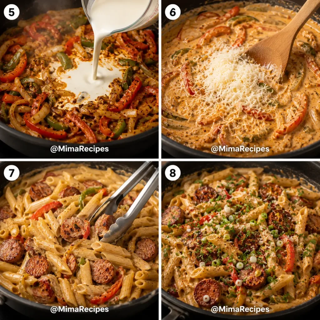Steps for making Cajun Sausage Pasta with heavy cream, Parmesan, smoked sausage, penne pasta, peppers, parsley, and red pepper flakes.