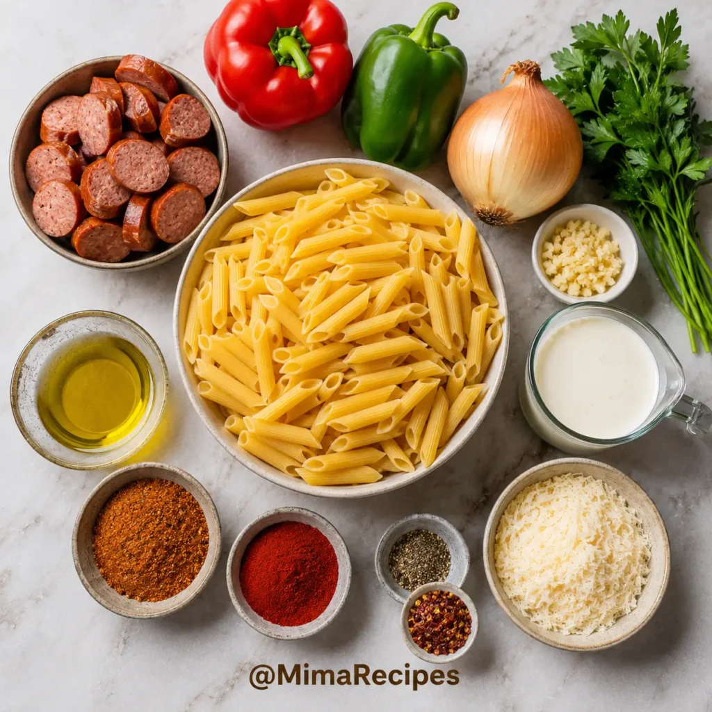 Cajun Sausage Pasta ingredients including penne, smoked sausage, bell peppers, onion, garlic, cream, Parmesan, and Cajun seasoning.