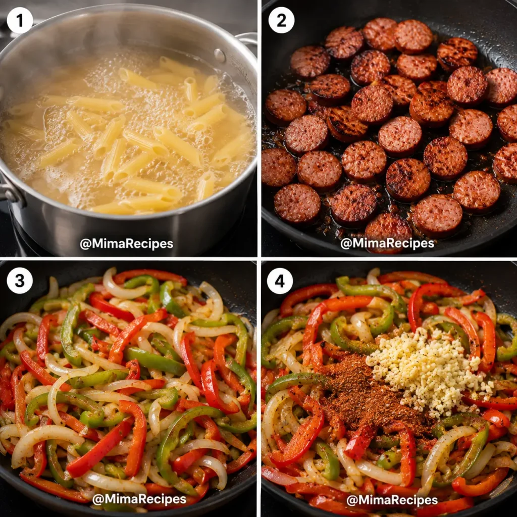 Step-by-step Cajun Sausage Pasta showing penne boiling, smoked sausage browning, peppers and onions sautéing, and Cajun seasoning with garlic.