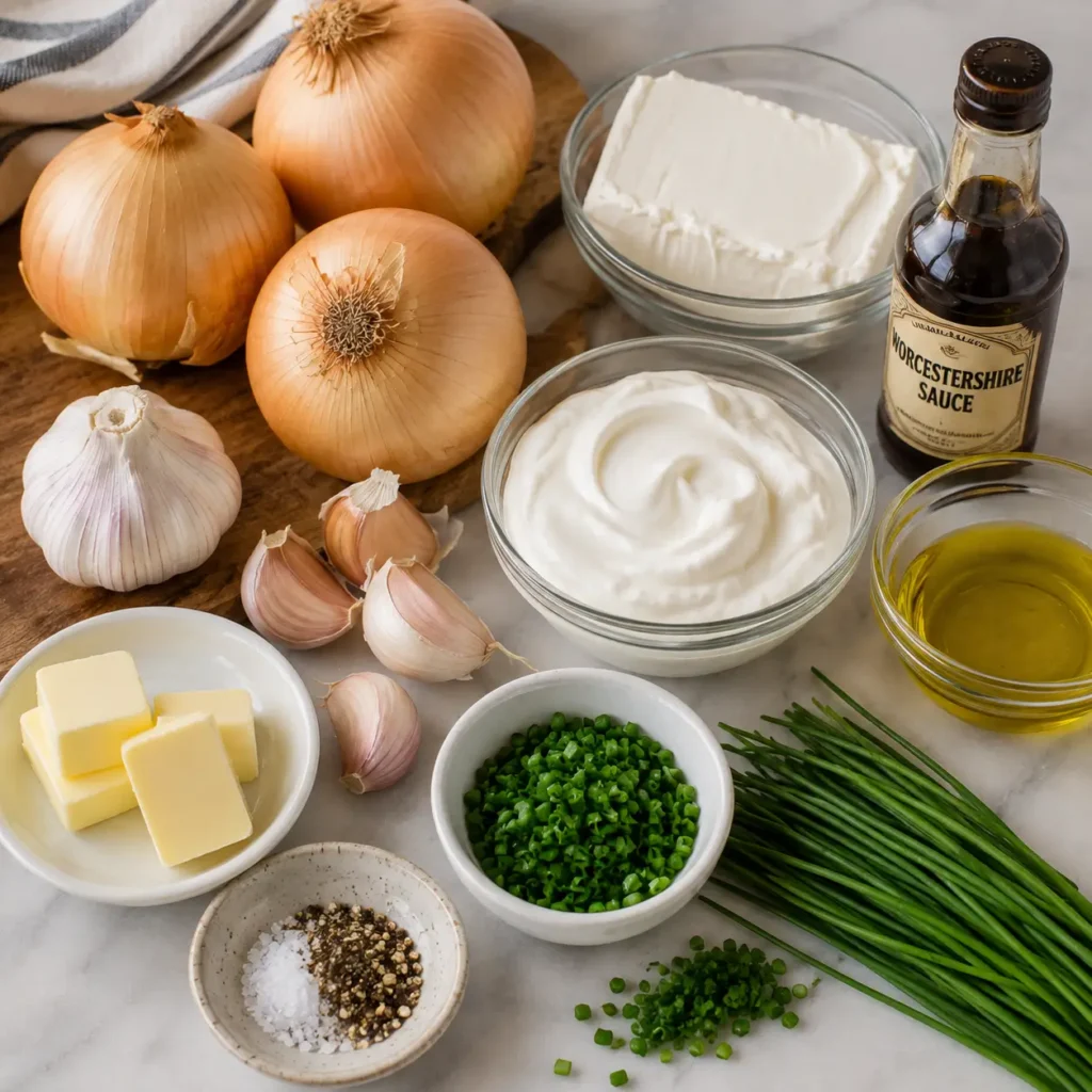 Creamy caramelized onion dip served with potato chips