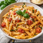 Creamy Feta Tomato Pasta served in a white ceramic bowl with roasted cherry tomatoes, fresh basil, Parmesan cheese, and creamy baked feta sauce.