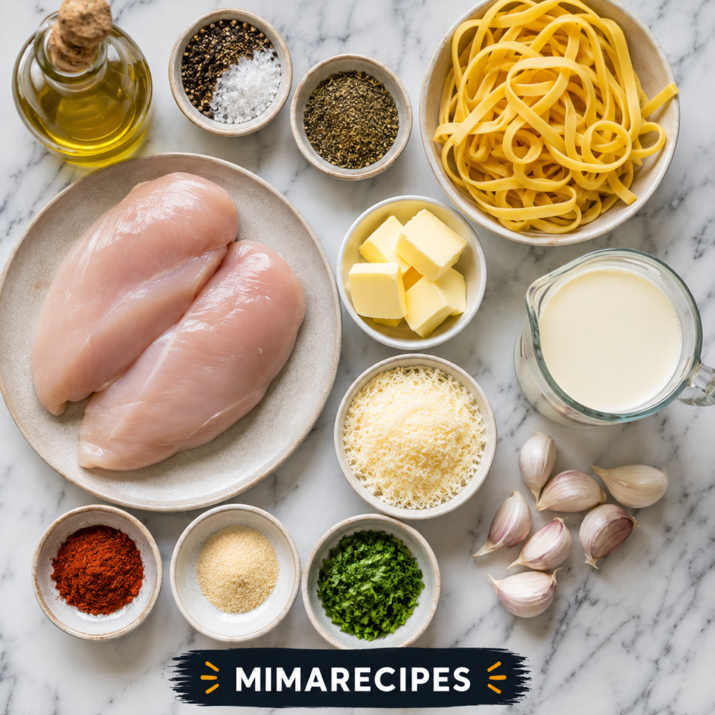 Flat lay of chicken breasts, fettuccine pasta, butter, garlic cloves, heavy cream, Parmesan cheese, olive oil, parsley, smoked paprika, garlic powder, Italian seasoning, salt, and black pepper arranged neatly on a white marble countertop.