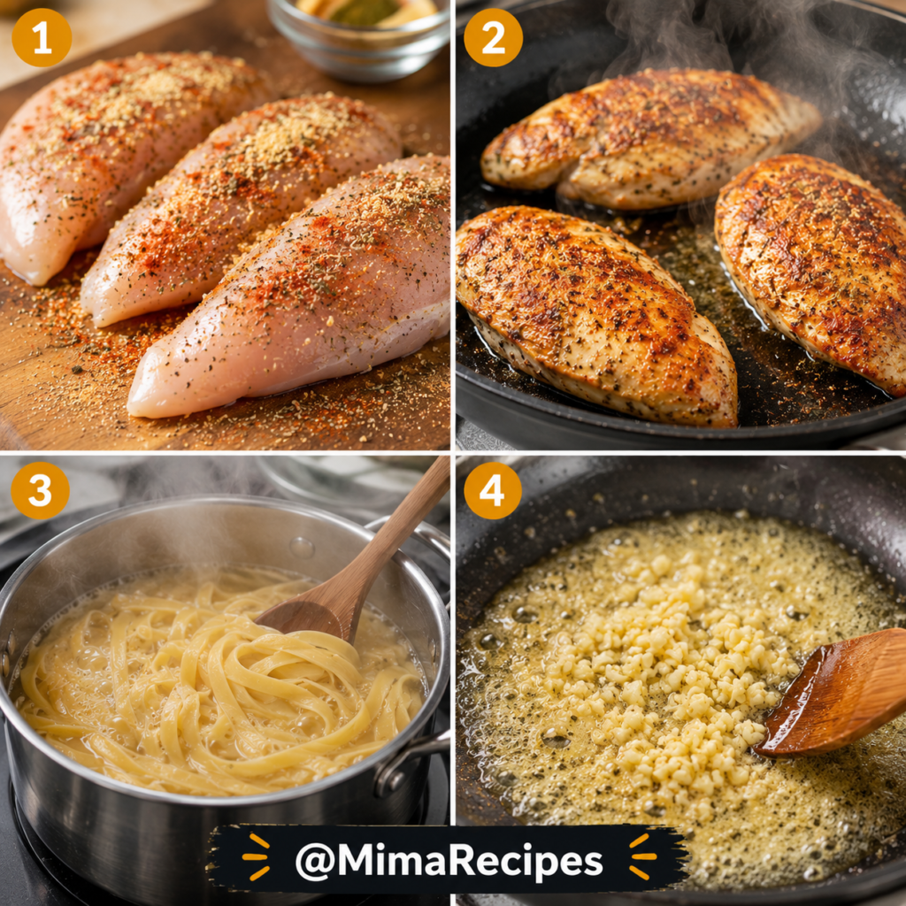 Step-by-step collage showing seasoned chicken breasts, pan-seared chicken, boiling fettuccine pasta, and garlic sautéing in melted butter for homemade Chicken Alfredo.