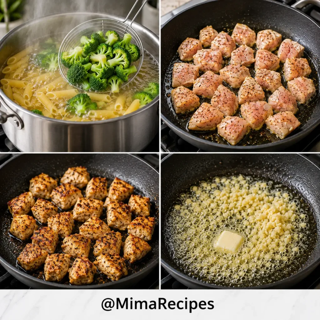 Chicken broccoli pasta cooking process with penne, chicken, broccoli, garlic and butter