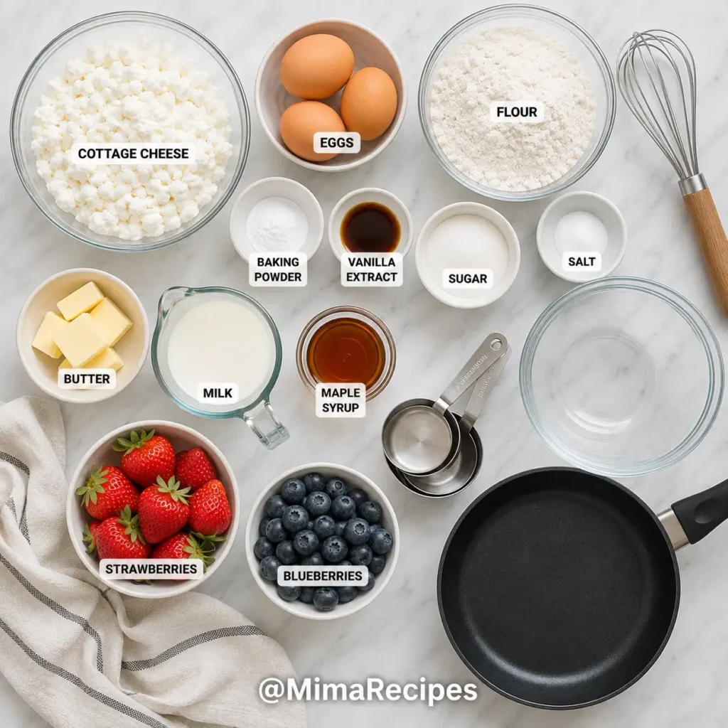Flat lay of cottage cheese, eggs, flour, baking powder, vanilla extract, sugar, salt, butter, milk, maple syrup, fresh strawberries, blueberries, whisk, measuring cups, mixing bowls, and a non-stick skillet arranged on a white marble countertop.