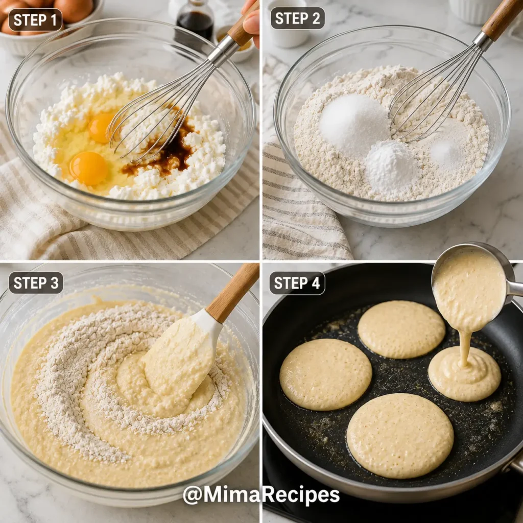 Four-step collage showing how to make cottage cheese pancakes by whisking cottage cheese, eggs, and vanilla, mixing dry ingredients, folding the batter together, and pouring pancake batter onto a hot skillet.
