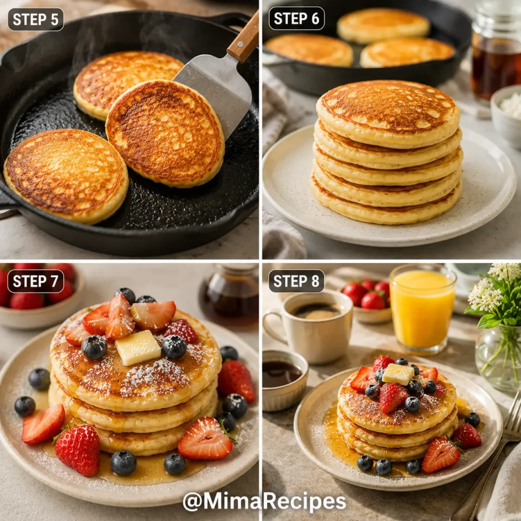 Four-step collage showing golden cottage cheese pancakes being flipped in a skillet, stacked on a plate, topped with fresh strawberries, blueberries, butter, powdered sugar, maple syrup, and served with coffee and orange juice.