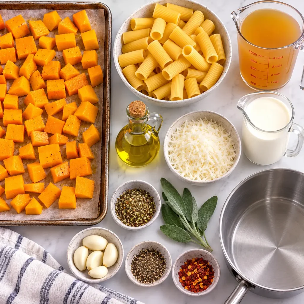 Creamy butternut squash pasta with rigatoni, Parmesan chee