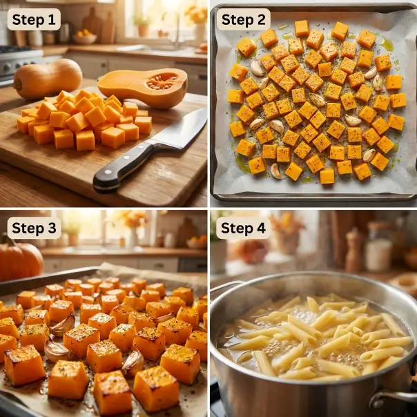 Step-by-step preparation of creamy butternut squash pasta, from cutting and roasting the squash to cooking the pasta.