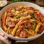 Creamy Cajun Sausage Pasta with penne, smoked sausage, red and green bell peppers, Parmesan cheese, and fresh parsley.