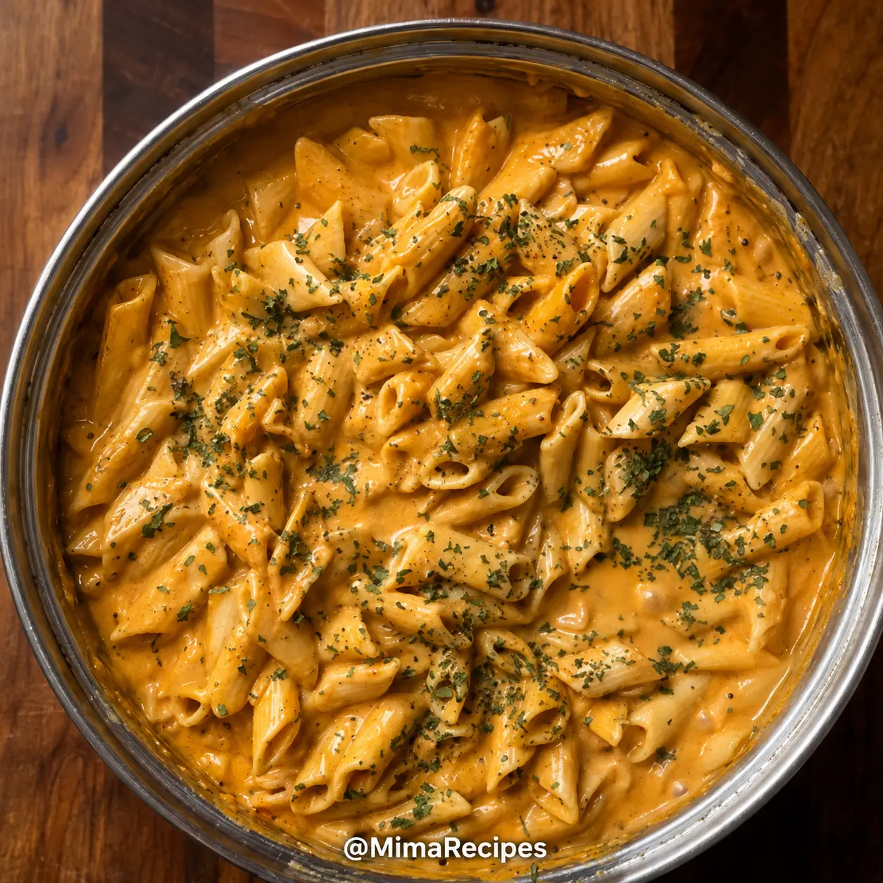 Creamy garlic Parmesan pasta with penne in a rich sauce, topped with parsley and black pepper in a bowl.