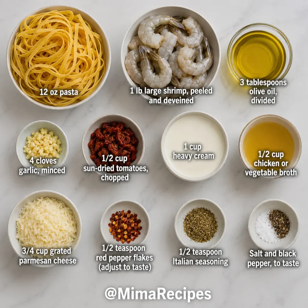  Flat lay of fettuccine pasta, large shrimp, olive oil, minced garlic, sun-dried tomatoes, heavy cream, chicken broth, grated Parmesan cheese, Italian seasoning, red pepper flakes, salt, and black pepper arranged on a light marble countertop.