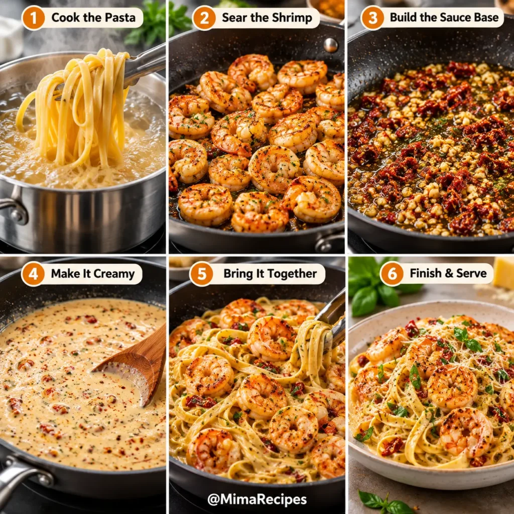 Six-step collage showing how to make creamy garlic shrimp pasta by cooking the pasta, searing shrimp, sautéing garlic and sun-dried tomatoes, making a creamy Parmesan sauce, combining everything together, and serving the finished dish.