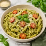 Creamy pesto penne pasta topped with grated Parmesan cheese, fresh basil leaves, and cherry tomatoes in a white bowl.