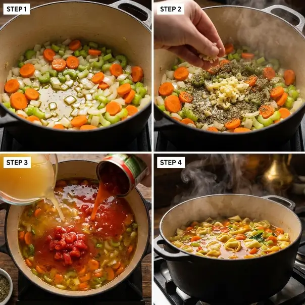 Creamy tortellini soup recipe with vegetables, tomatoes, herbs, and tortellini
