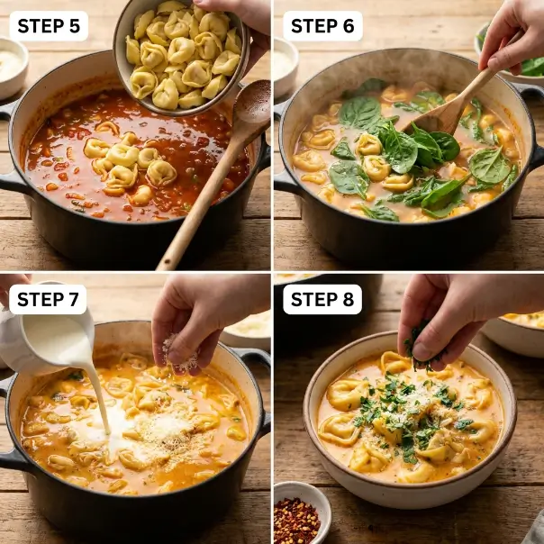 Creamy tortellini soup with spinach, cheese, and herbs