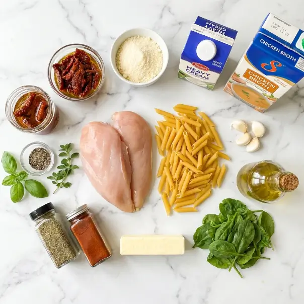 Creamy Tuscan chicken pasta with sun-dried tomatoes, spinach and Parmesan cheese