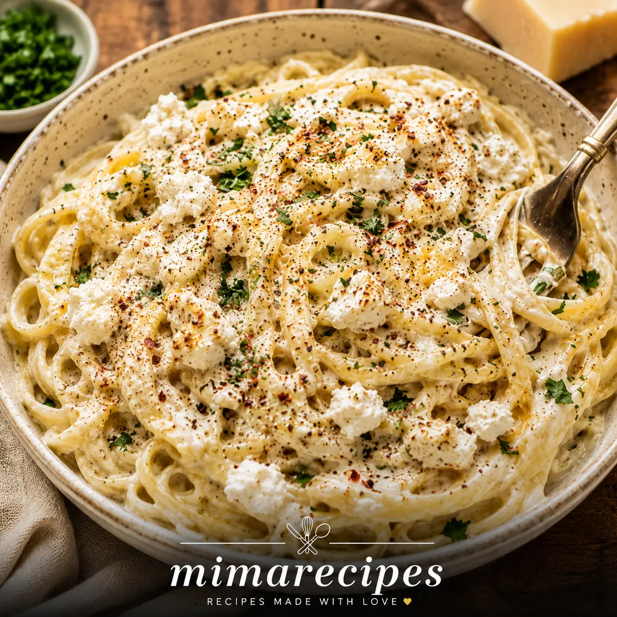 Creamy goat cheese pasta with Parmesan, lemon zest and parsley