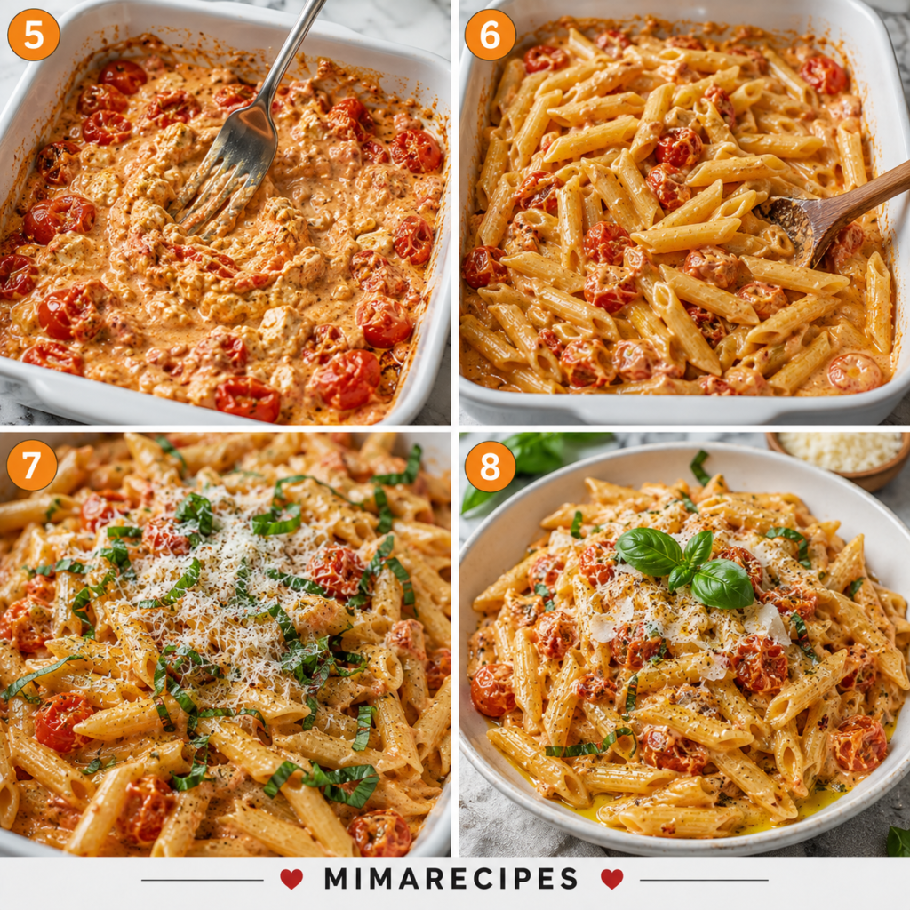 Creamy Feta Tomato Pasta made with baked feta cheese, roasted cherry tomatoes, garlic, basil, and penne pasta.
