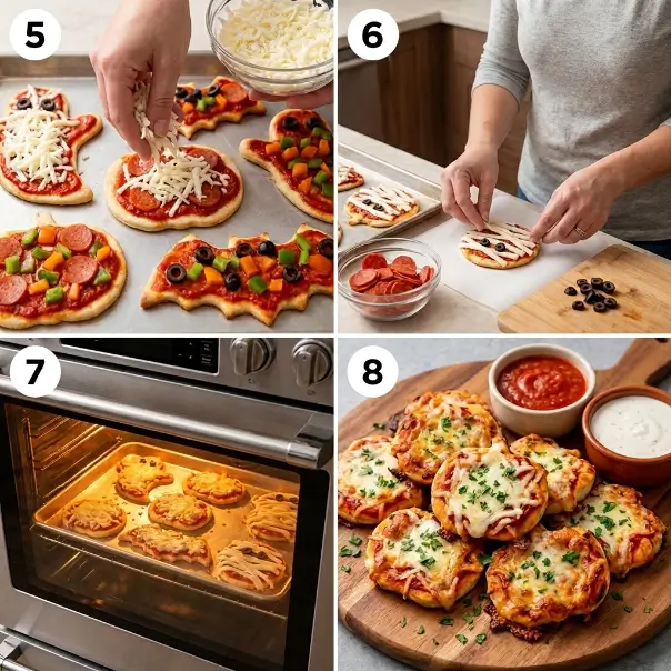 Mini pizza recipe showing cheese being added, mini pizzas being prepared, baked in the oven, and served