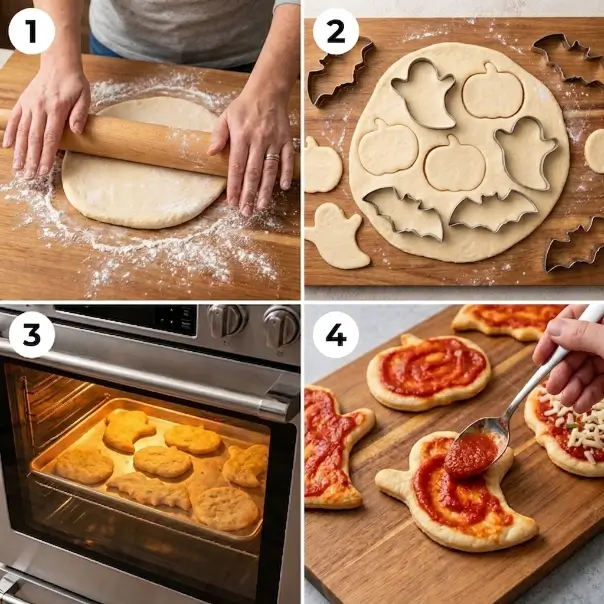 Mini pizza recipe showing homemade mini pizzas being topped with cheese, prepared, baked, and served