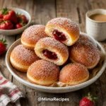 Easy Jam Doughnuts stacked on a vintage white cake stand with strawberry jam filling, coated in sugar and served on a rustic wooden table.