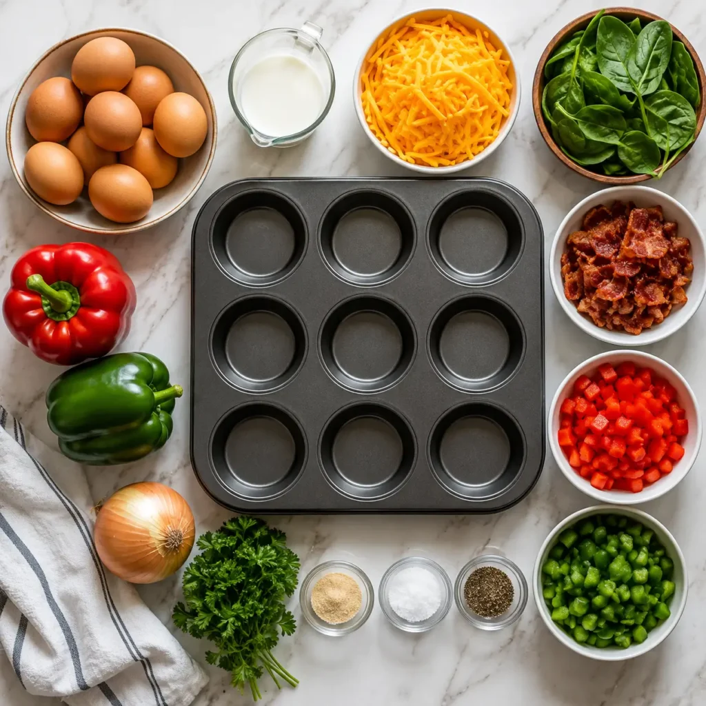 Fluffy homemade egg muffins with cheddar cheese, spinach, bell peppers, and crispy bacon.