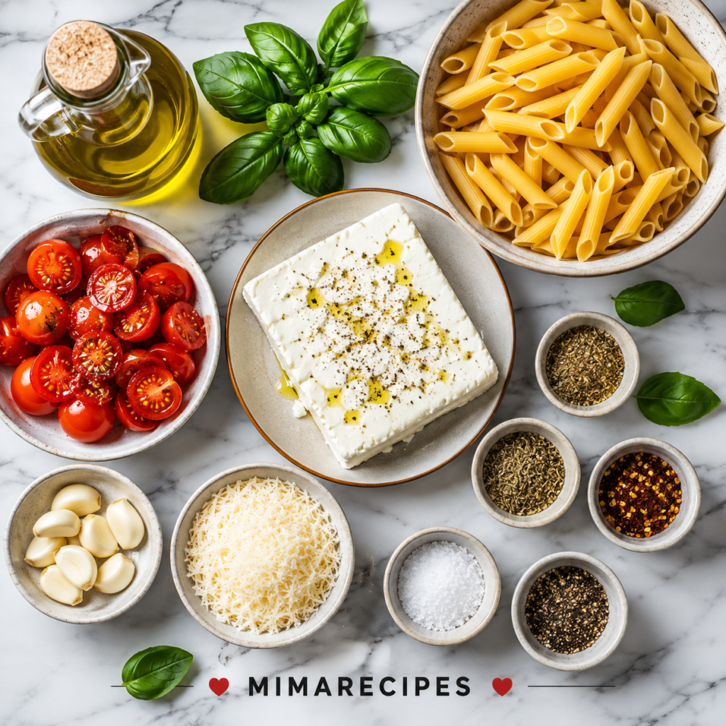 Fresh ingredients for Feta Tomato Pasta including feta cheese, cherry tomatoes, penne pasta, garlic, basil, Parmesan cheese, olive oil, and Italian seasonings.