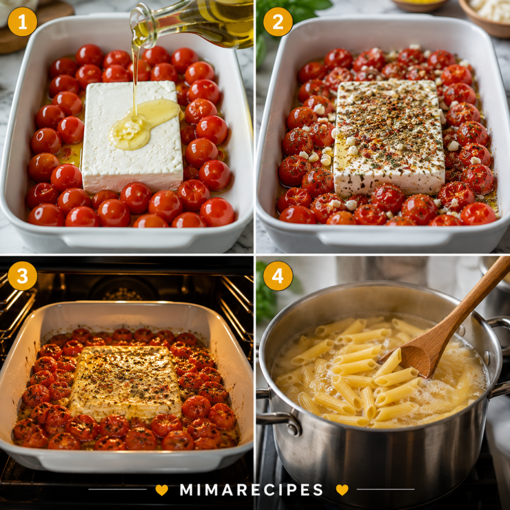 Creamy baked feta tomato pasta topped with roasted cherry tomatoes, basil, and Parmesan cheese in a white bowl.
