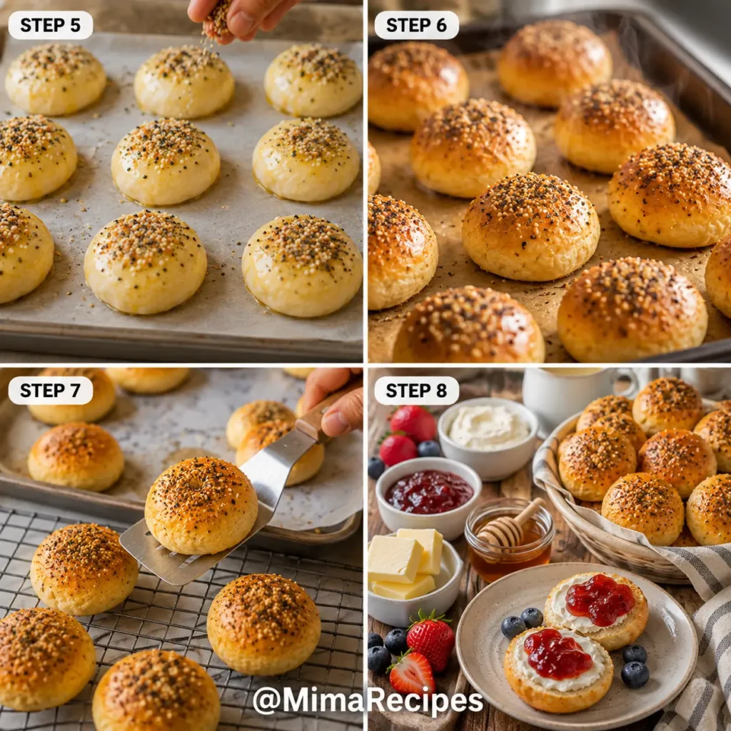 Four-step collage showing Greek Yogurt Bagel Bites being topped with everything bagel seasoning, baked until golden brown, transferred to a cooling rack, and served with cream cheese, butter, strawberry jam, fresh berries, and honey.