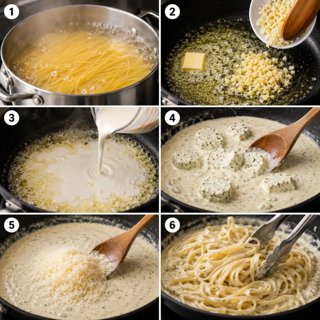 Steps 1–6 of Green Spaghetti Pasta showing pasta cooking, garlic butter, cream sauce, Boursin cheese, Parmesan, and pasta being tossed.