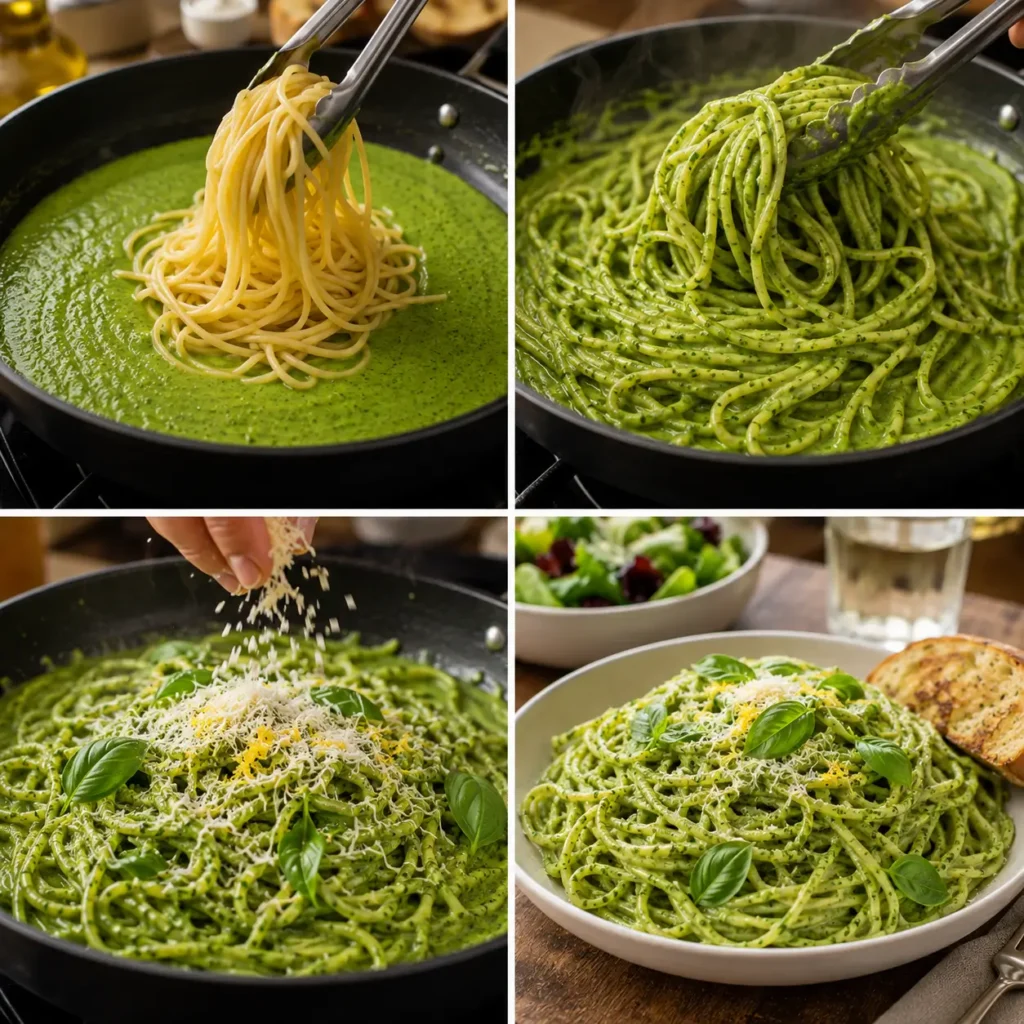 Steps 5–8 of Green Spaghetti Pasta with creamy spinach sauce, Parmesan, basil, lemon zest, garlic bread, and salad.