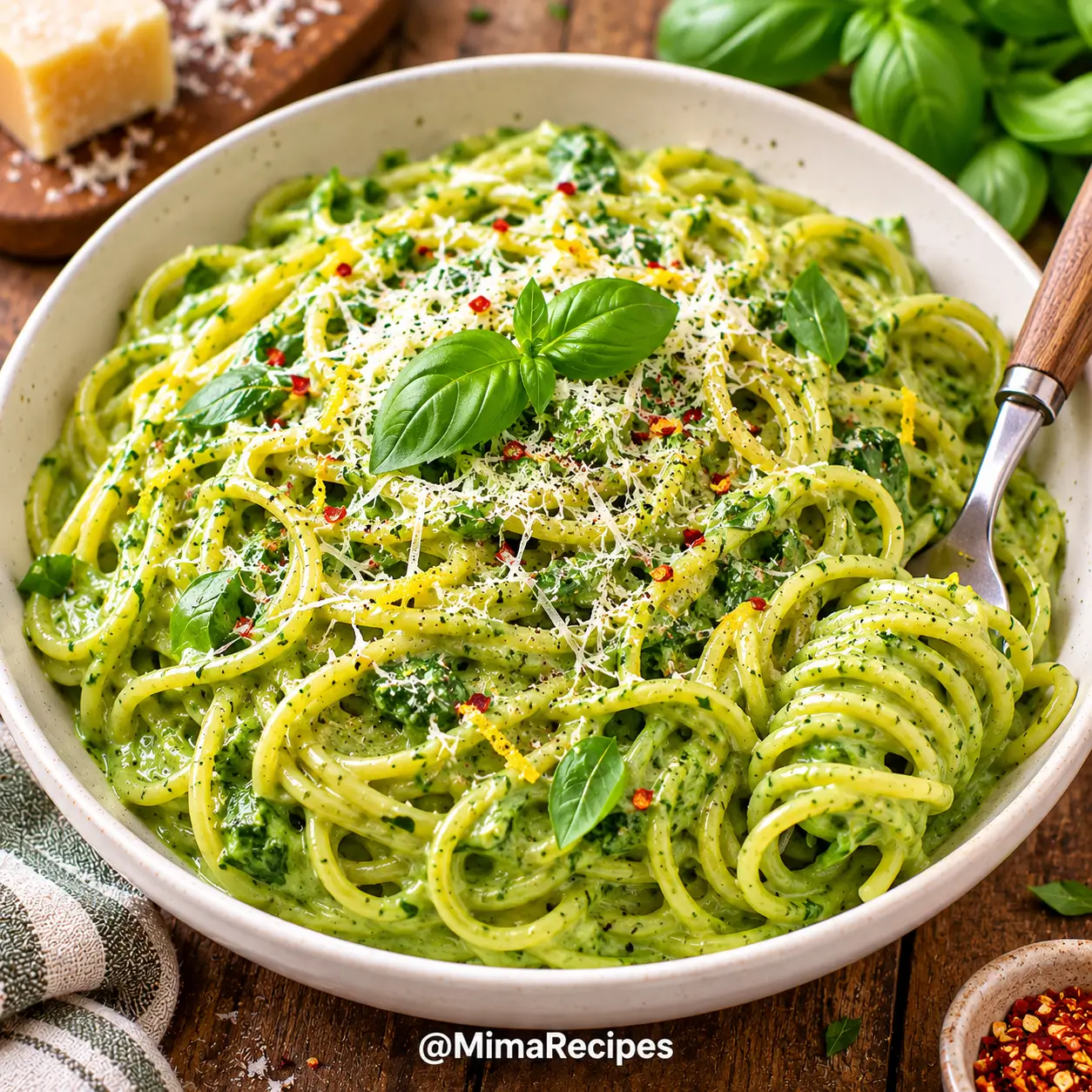 Green Spaghetti Pasta coated in creamy spinach sauce with Parmesan, fresh basil, lemon zest, and cracked black pepper.
