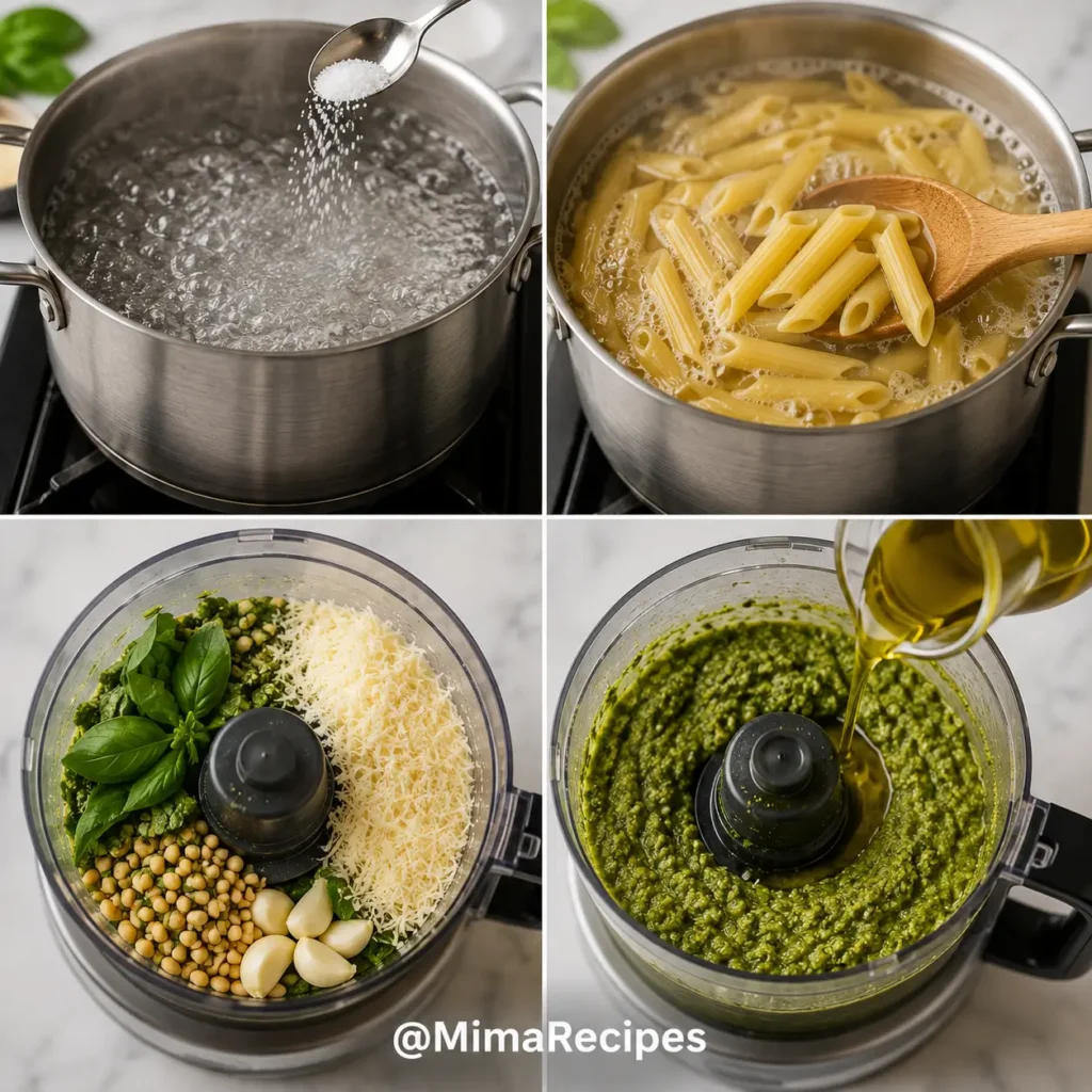 A bright overhead flat lay featuring all the ingredients for homemade pesto pasta, including fresh basil, Parmesan cheese, pine nuts, garlic, extra-virgin olive oil, spaghetti, butter, cherry tomatoes, salt, and pepper. Perfect for a step-by-step pesto pasta recipe.