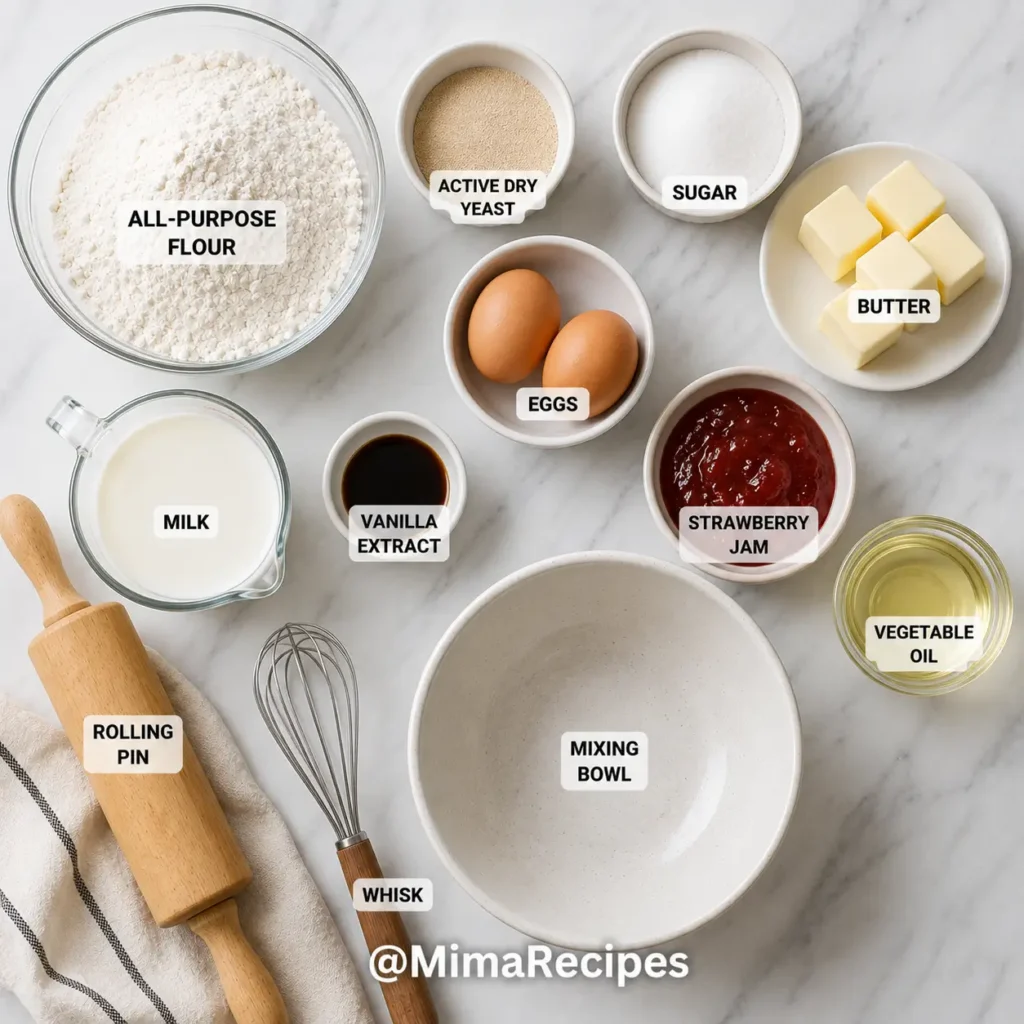 Flat lay of all-purpose flour, active dry yeast, sugar, butter, eggs, milk, vanilla extract, strawberry jam, vegetable oil, rolling pin, whisk, and mixing bowl arranged on a white marble countertop.Flat lay of all-purpose flour, active dry yeast, sugar, butter, eggs, milk, vanilla extract, strawberry jam, vegetable oil, rolling pin, whisk, and mixing bowl arranged on a white marble countertop.